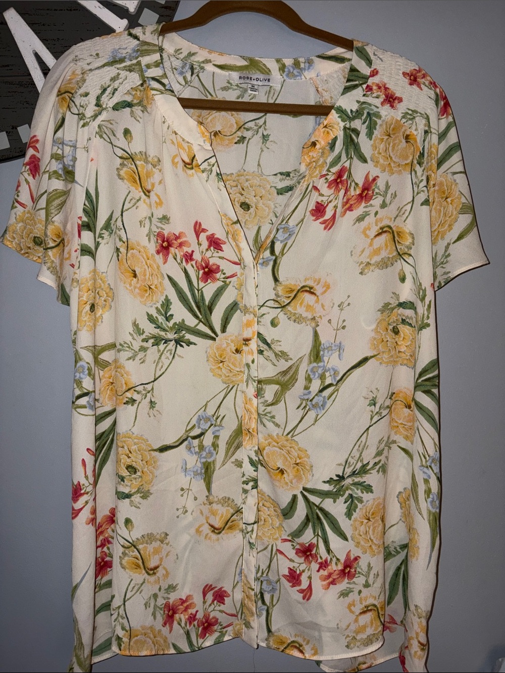 Rose & Olive Cream Floral Button-Front Blouse with Yellow and Red Blooms